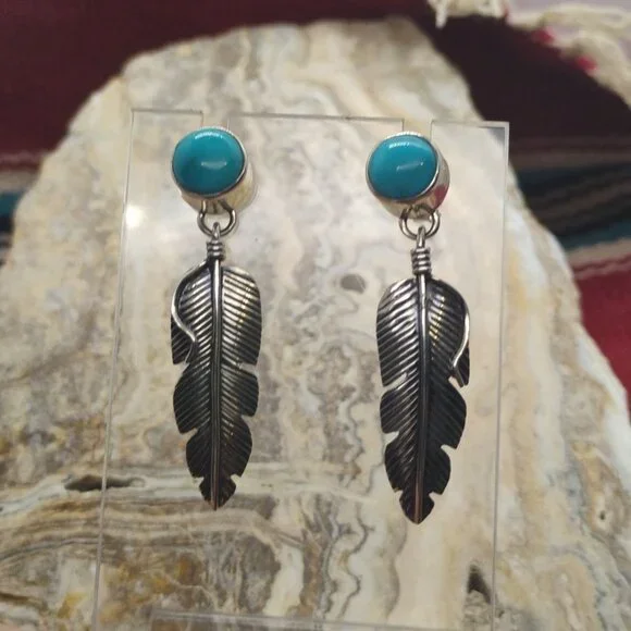 Southwestern Sterling Silver Kingman Turquoise Feather Dangle Drop Earrings - Picture 2 of 5